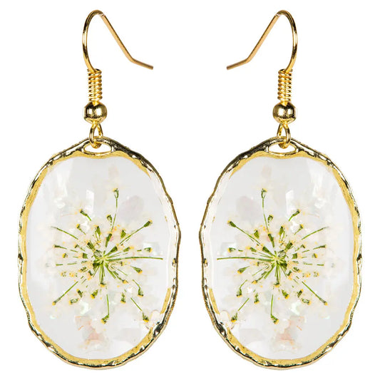 Pressed Oval Flower Dangle Earrings